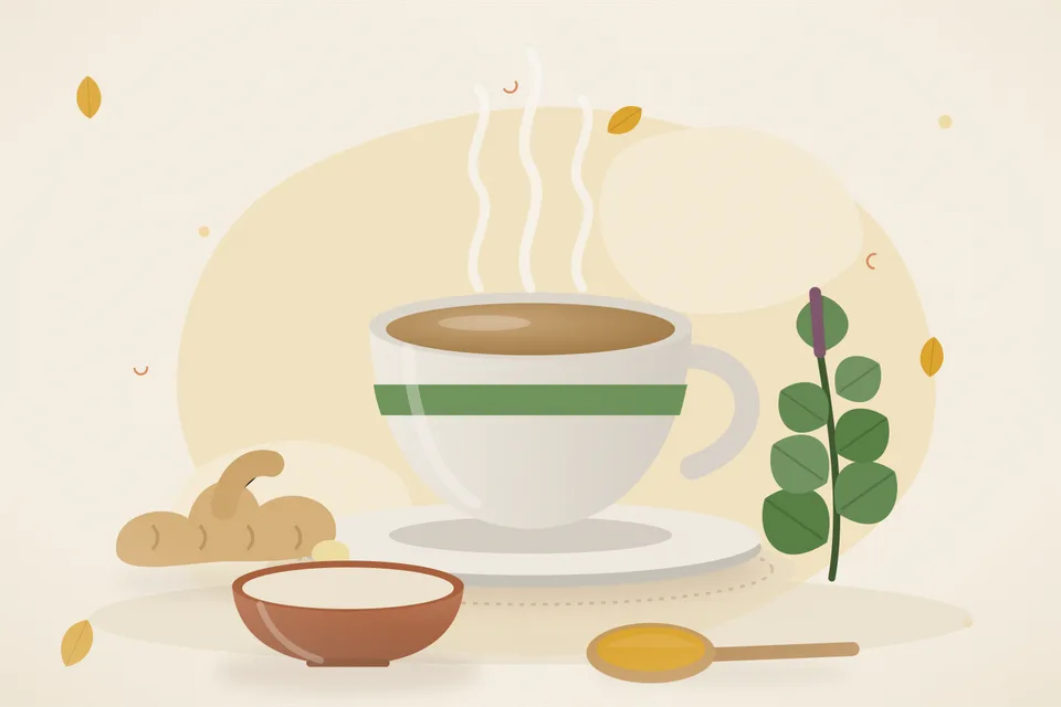 Illustrated still life with fresh ginger, tulsi leaves.