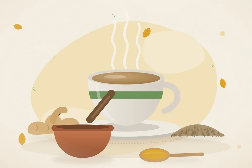 Illustrated still life with fresh ginger, ajwain seeds.