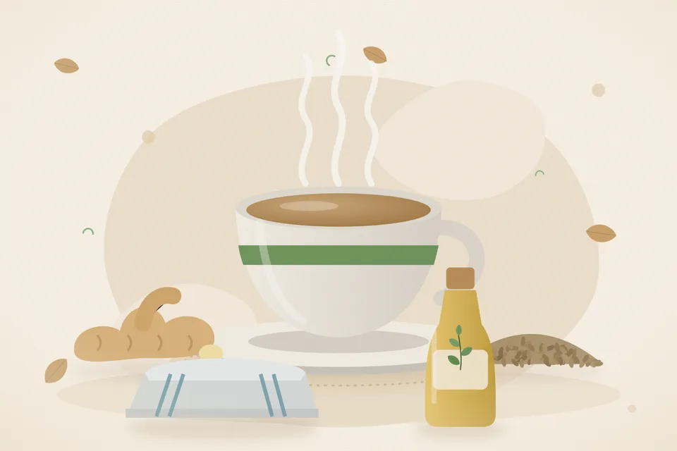 Illustrated still life with fresh ginger, ajwain seeds.