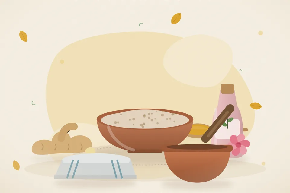 Illustrated still life with fresh ginger, rose water, a folded cloth.