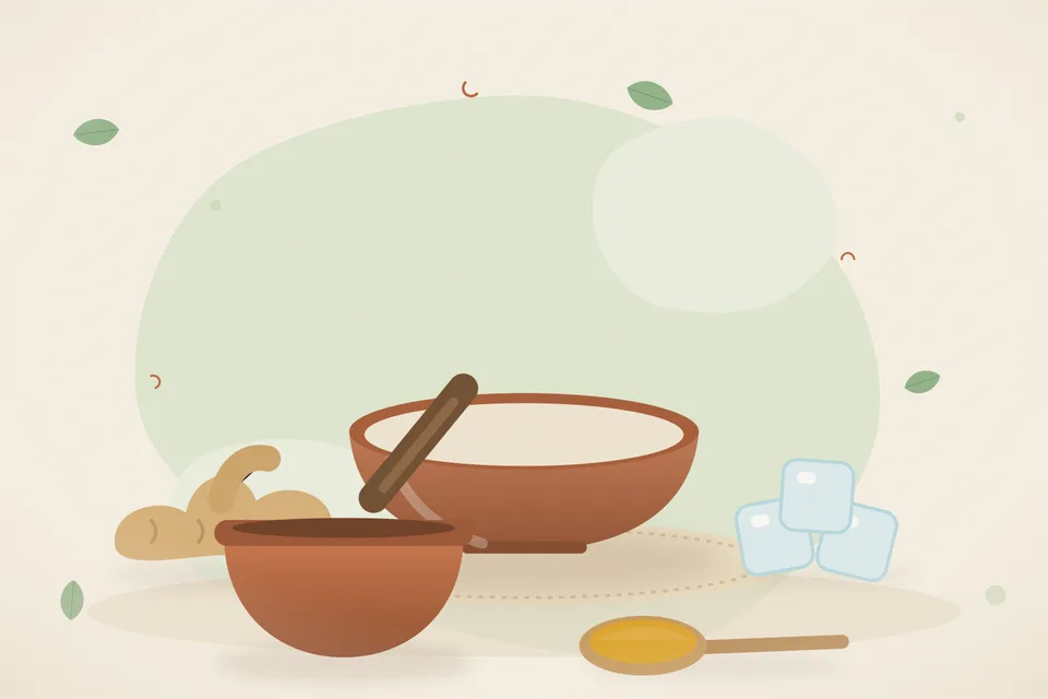 Illustrated still life with fresh ginger, ice.