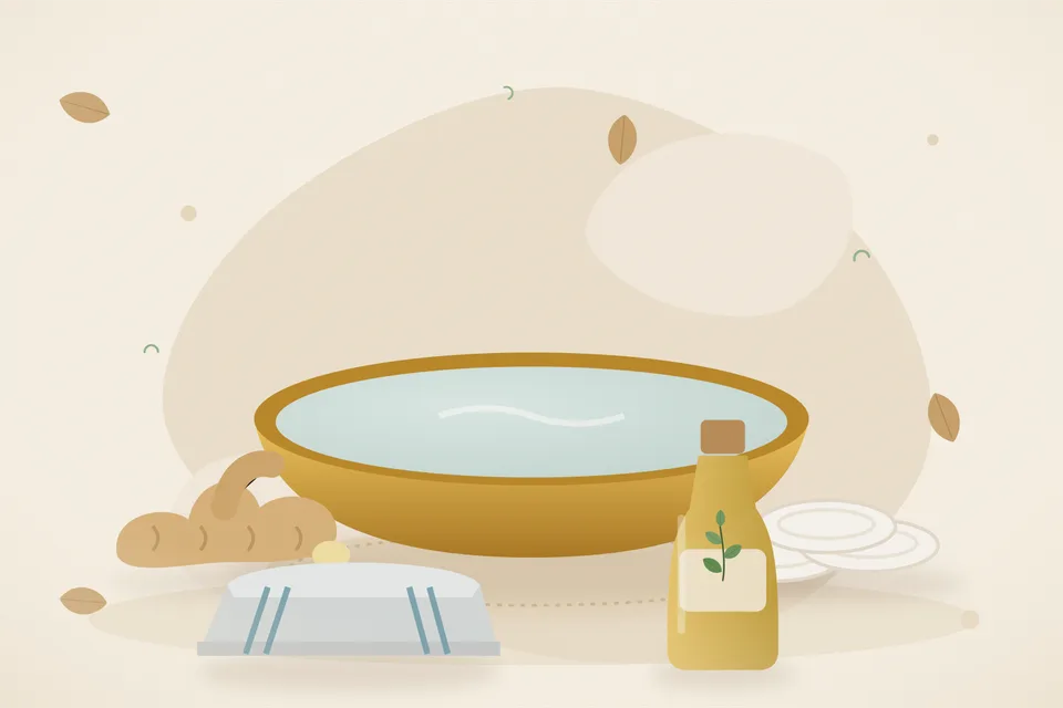 Illustrated still life with fresh ginger, cotton pads, a folded cloth.