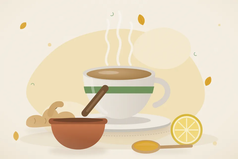 Illustrated still life with fresh ginger, lemon.