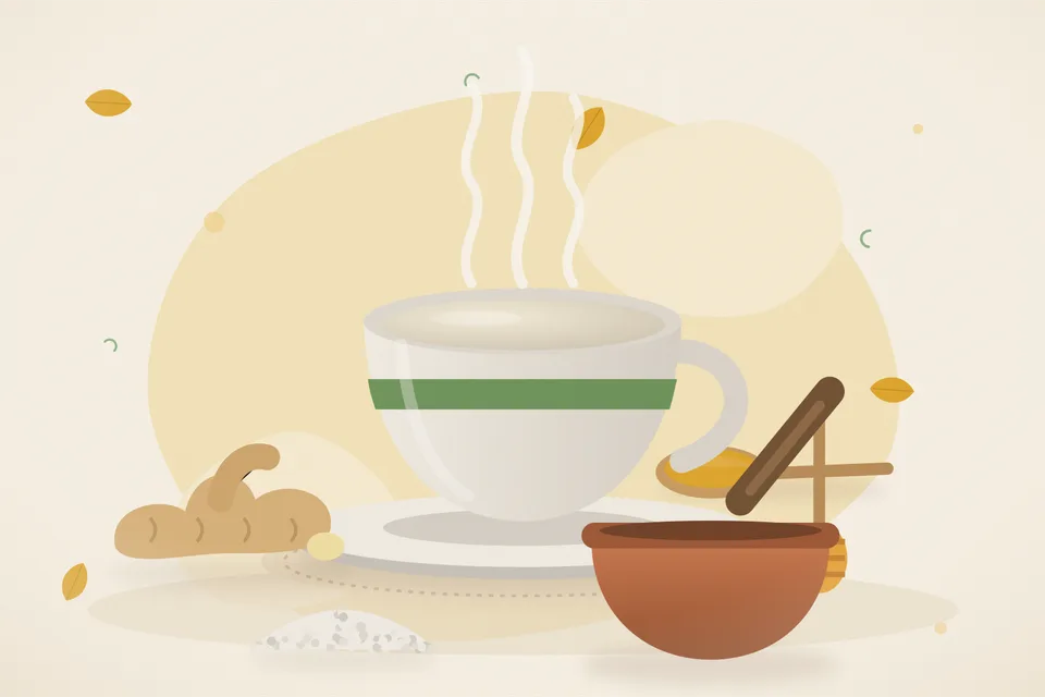 Illustrated still life with fresh ginger, honey, rock salt.