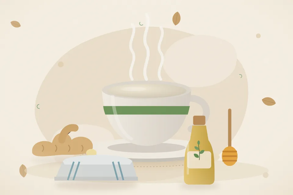 Illustrated still life with fresh ginger, honey.