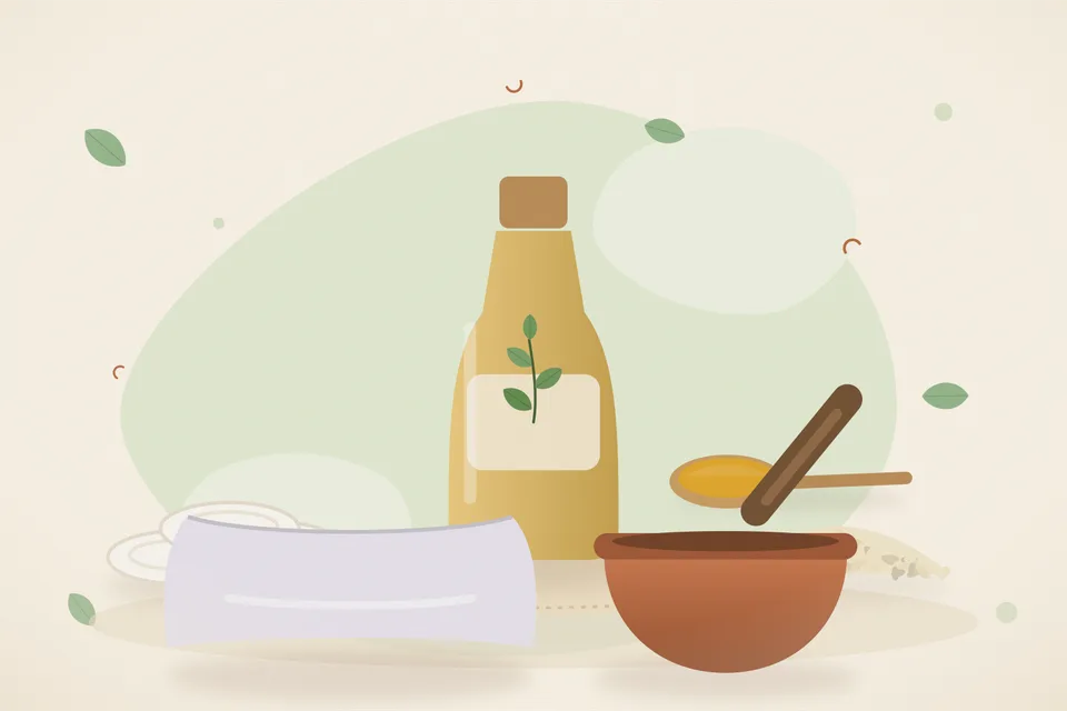 Illustrated still life with cotton pads, sesame seeds, a soft pillow.