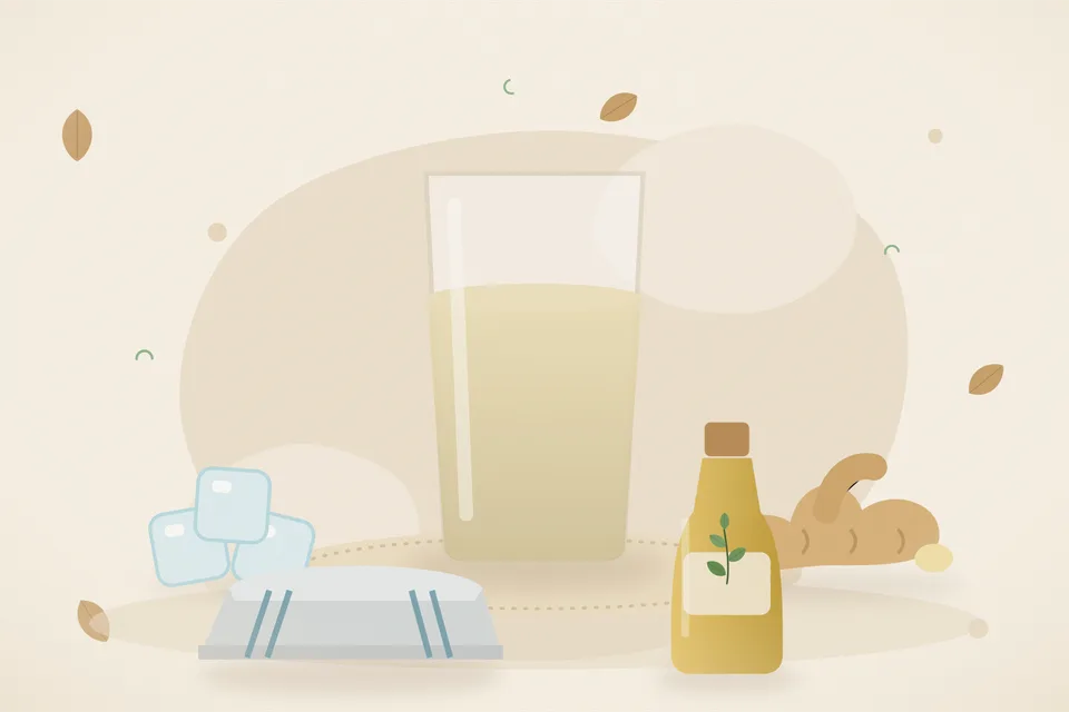 Illustrated still life with ice, fresh ginger.