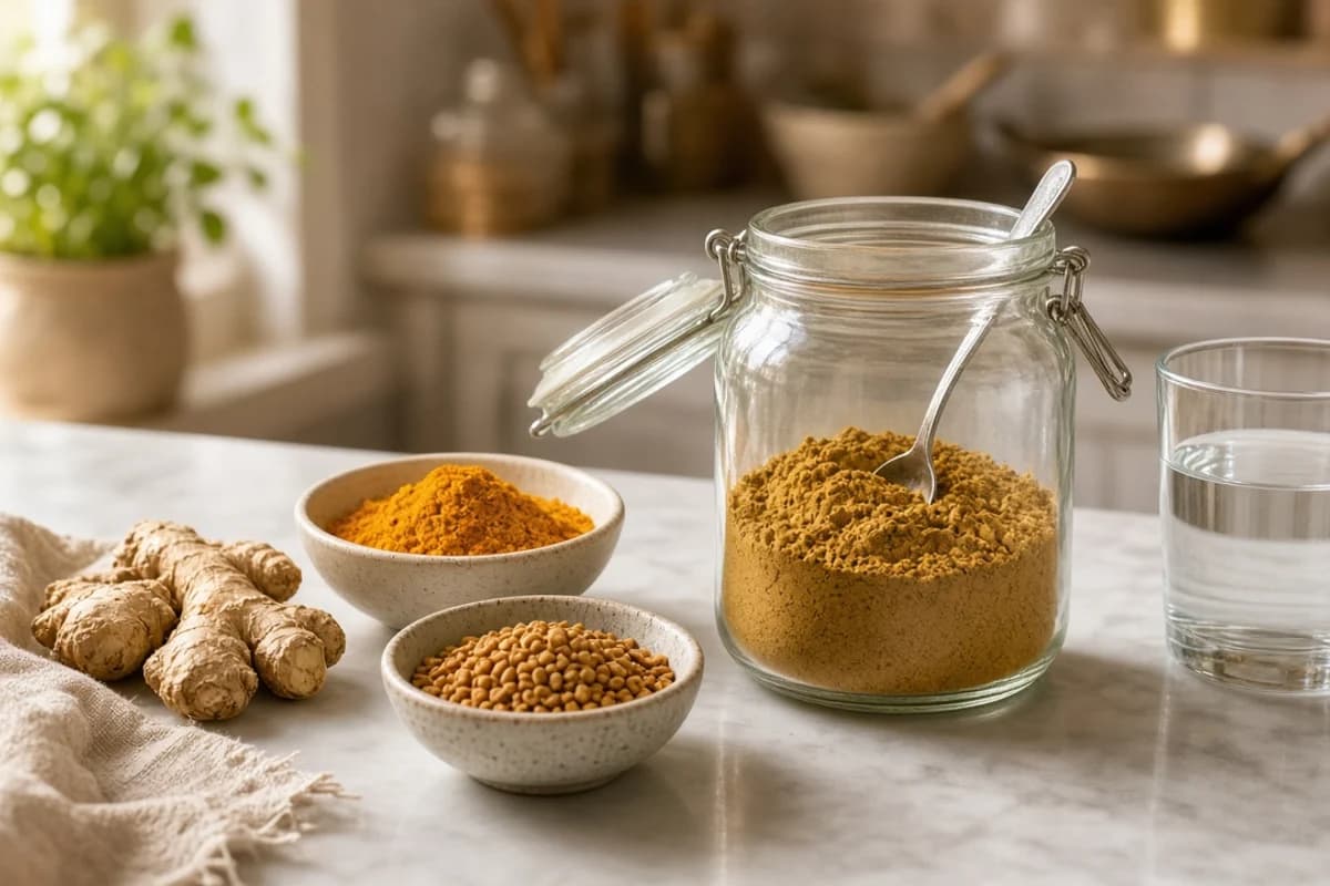A glass jar of mixed yellow-brown powder beside bowls of turmeric, fenugreek seeds and dry ginger, with a glass of lukewarm water.