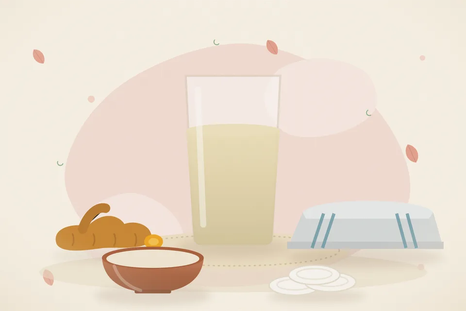 Illustrated still life with turmeric root, a folded cloth.