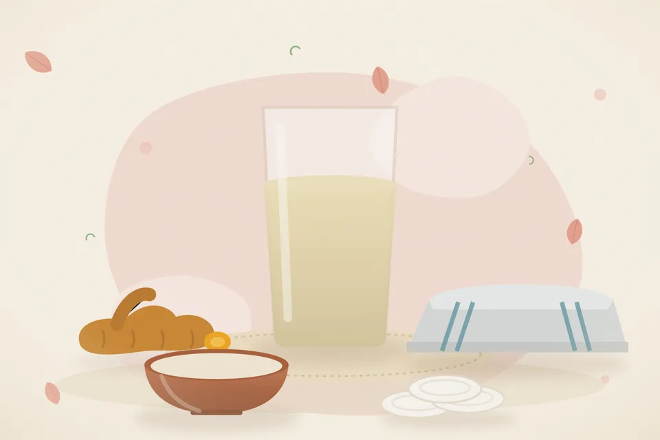 Illustrated still life with turmeric root, a folded cloth.
