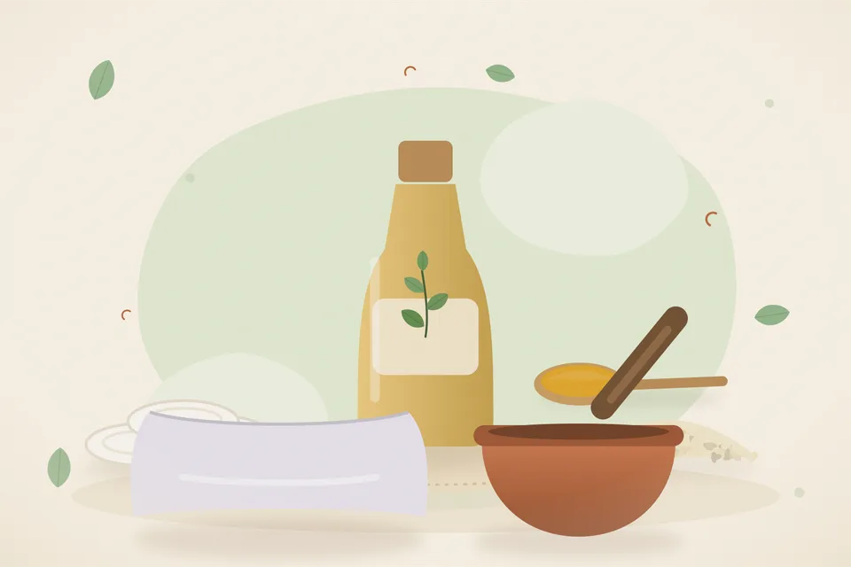 Illustrated still life with cotton pads, sesame seeds, a soft pillow.