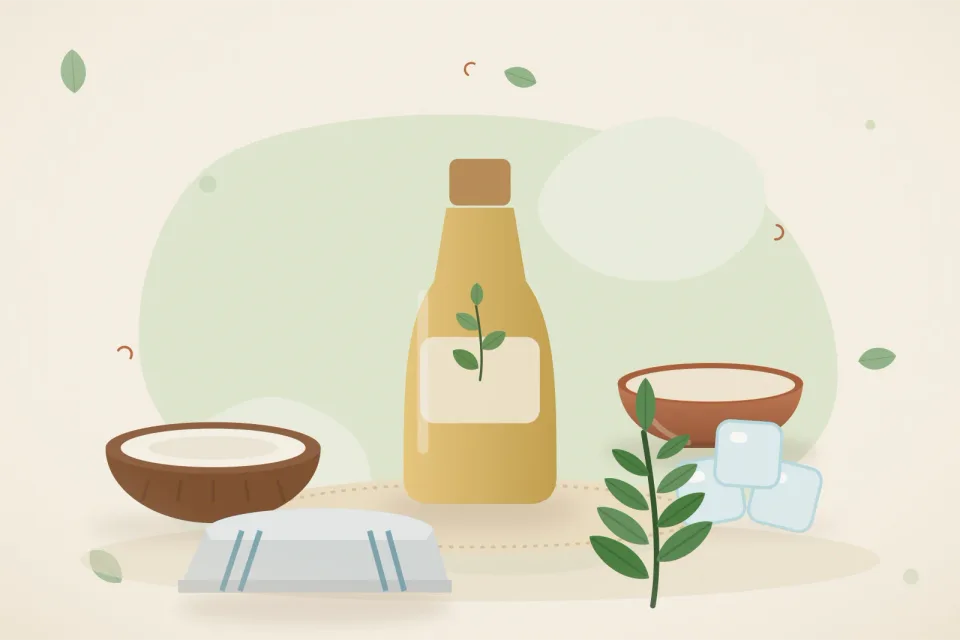 Illustrated still life with coconut, ice, a folded cloth, neem leaves.