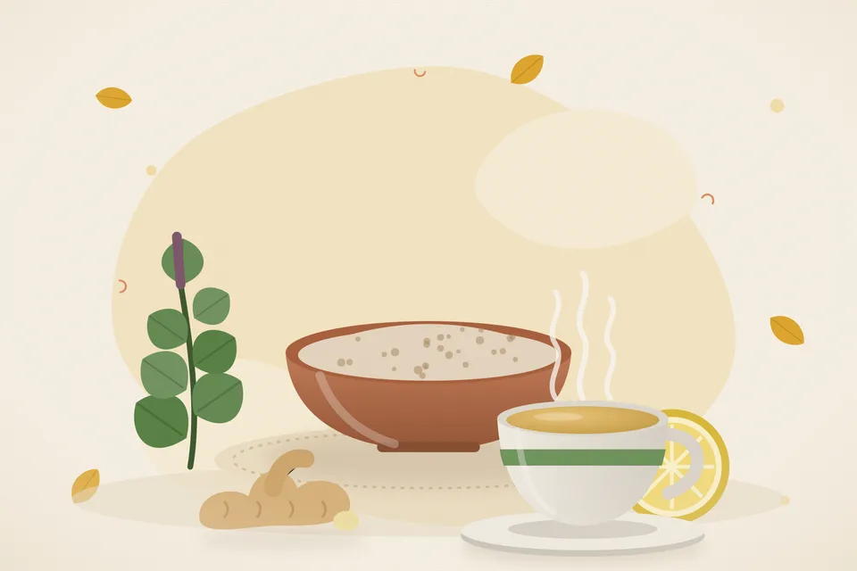 Illustrated still life with tulsi leaves, lemon, fresh ginger.
