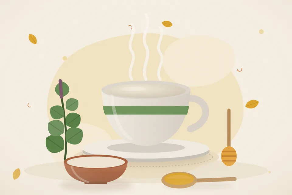 Illustrated still life with tulsi leaves, honey.