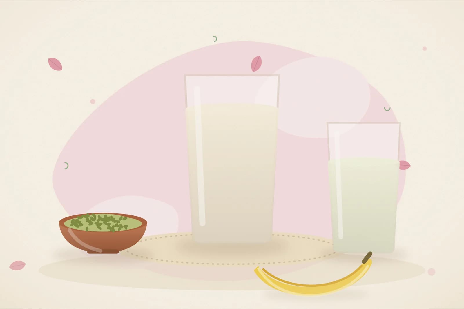 A glass of cold milk, a small bowl of fennel seeds, a glass of fennel water and a banana on a blush-pink background