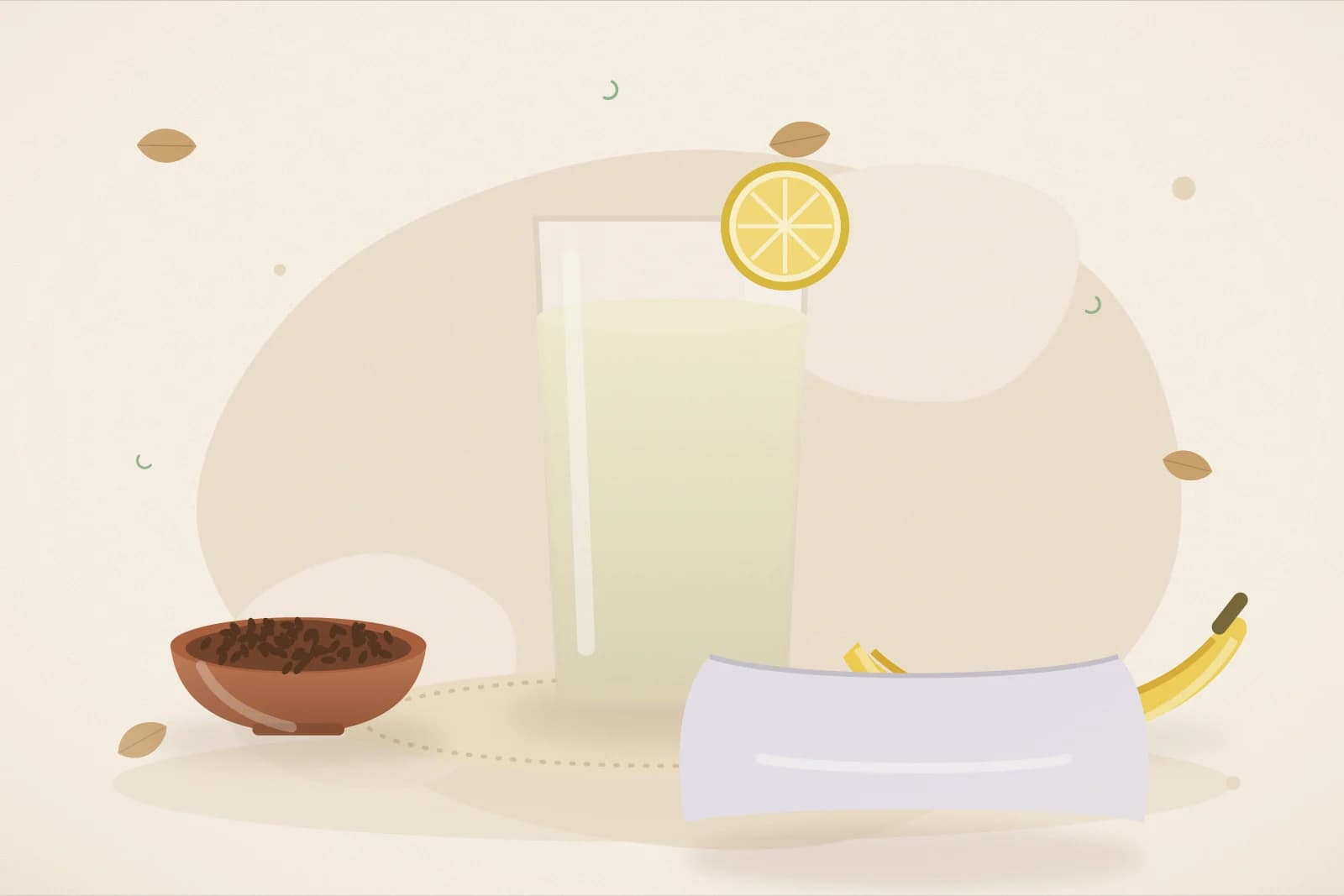 A glass of water with lemon, a small bowl of dates, a banana and a soft pillow on a calm background