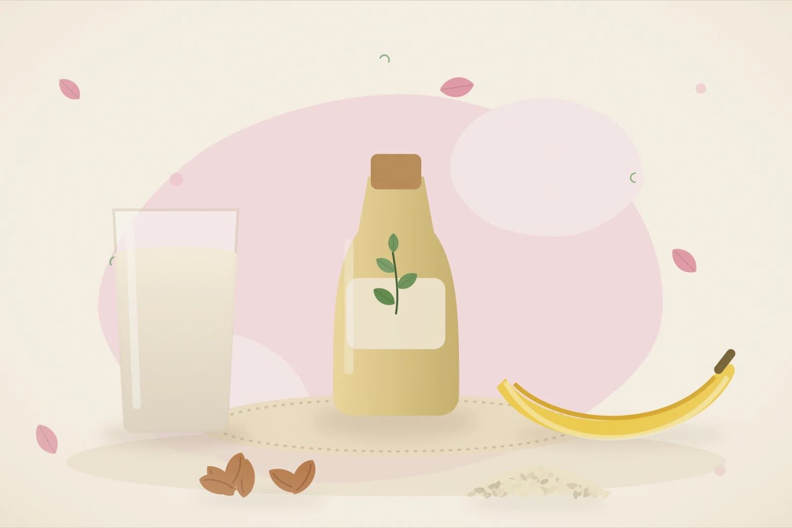 A bottle of warm oil, a glass of milk, a banana, almonds and sesame seeds on a blush-pink background