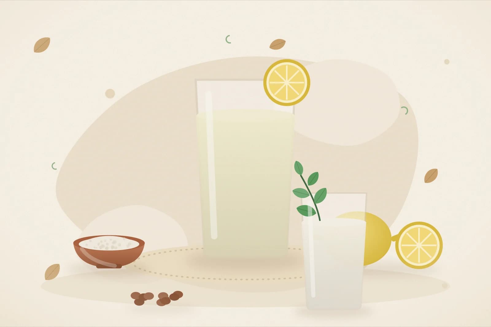 A glass of lemon water with a pinch of salt, a small bowl of salt, lemons, raisins and a glass of buttermilk on a warm background