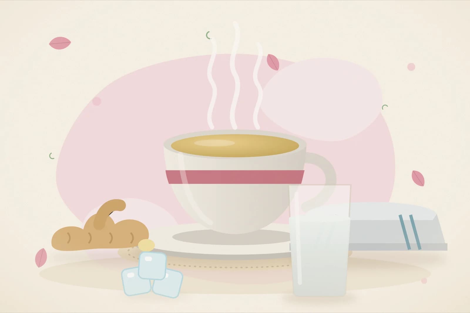 A cup of ginger tea, fresh ginger, a folded cool cloth with ice cubes and a glass of water on a blush-pink background