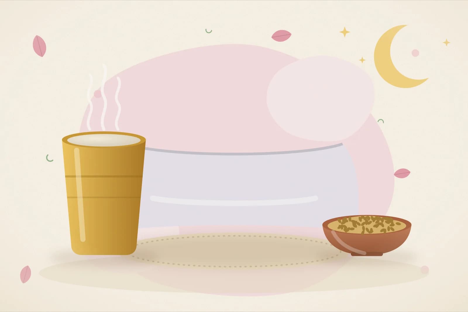 A soft pillow, a brass cup of warm milk, a small bowl of almonds and a crescent moon on a blush-pink background