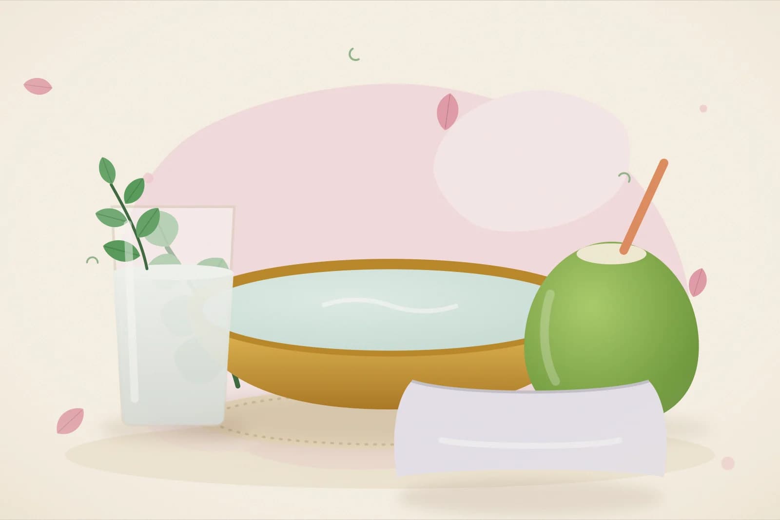 A brass basin of cool water with mint leaves, a soft pillow, a glass of coconut water and a folded towel on a blush-pink background