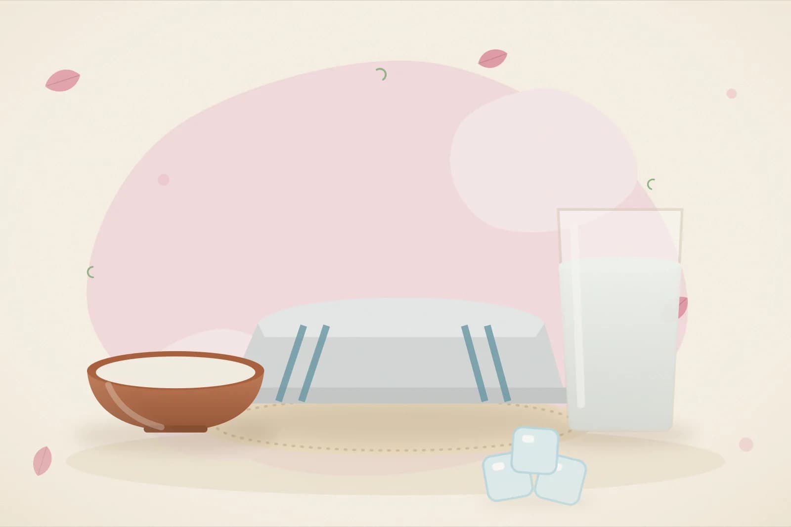 A folded soft cotton cloth, a bowl of plain curd, a glass of water and ice cubes wrapped in cloth on a soft blush-pink background