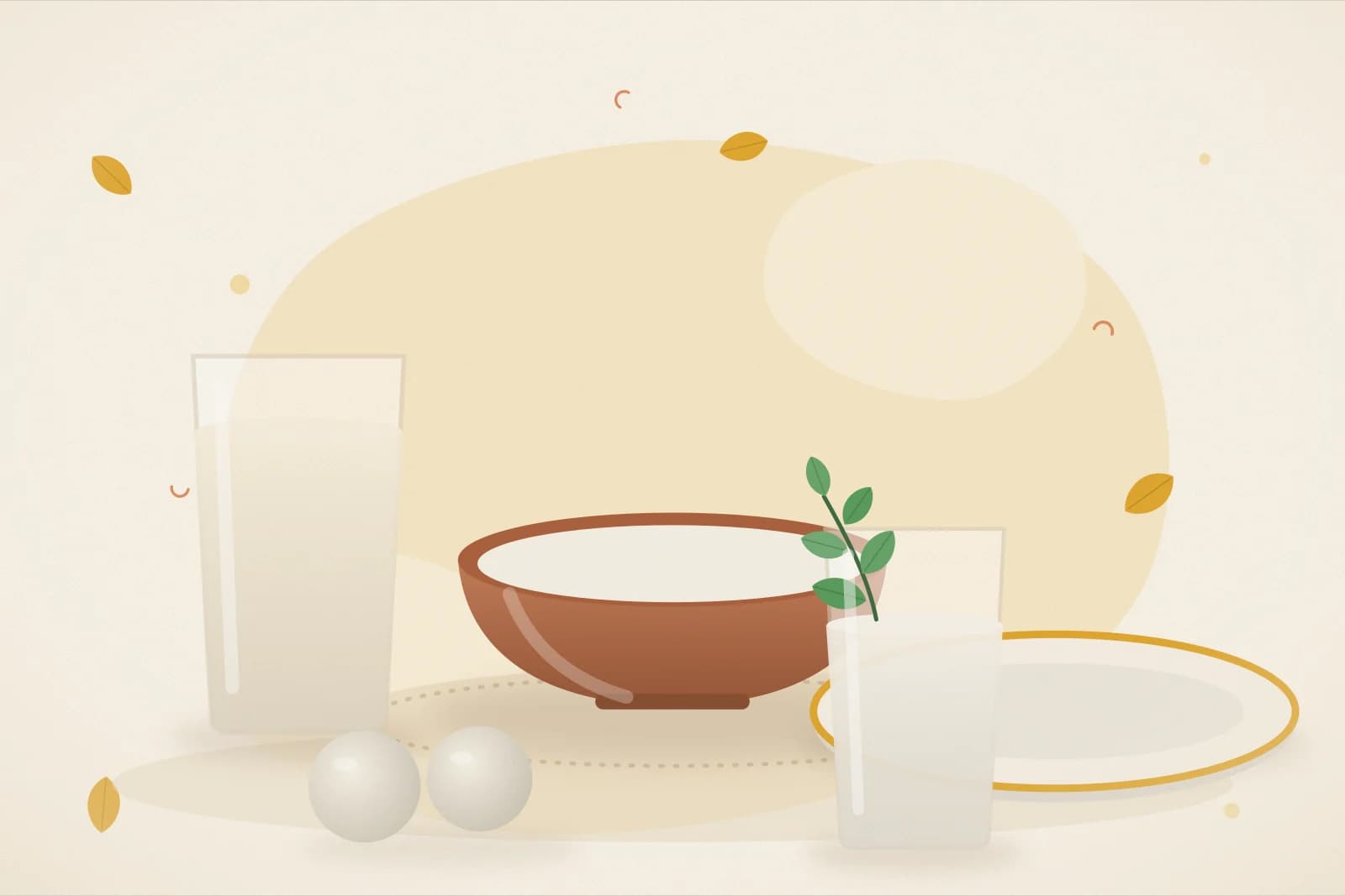 A bowl of curd, a glass of milk, paneer cubes on a small plate, boiled eggs and a glass of buttermilk on a sunny yellow background