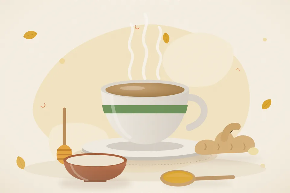 Illustrated still life with honey, fresh ginger.