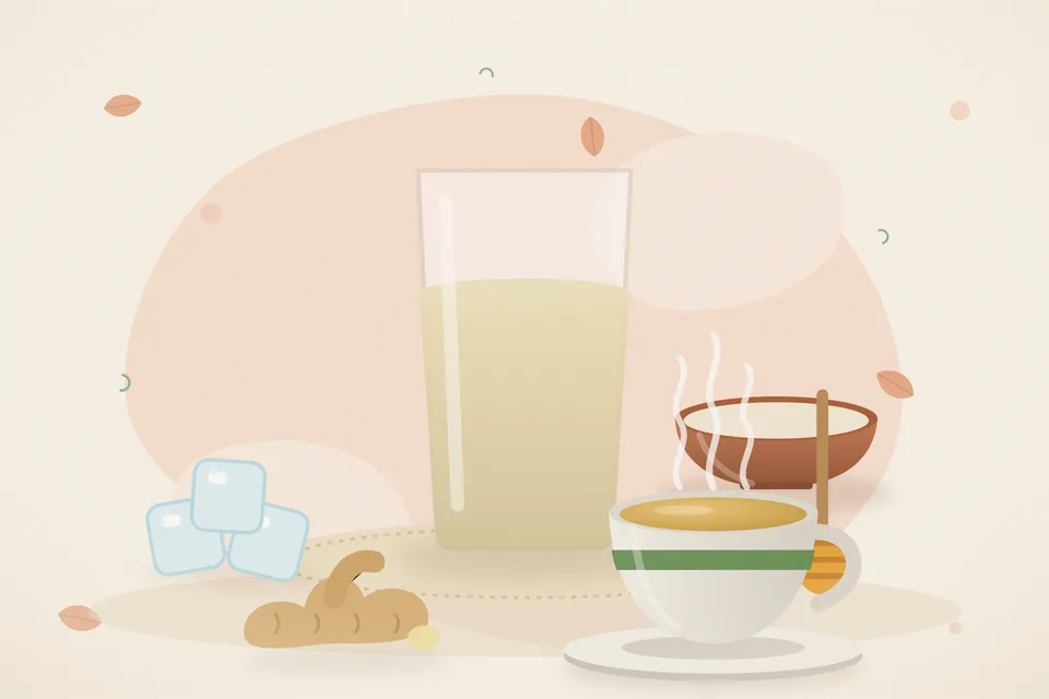Illustrated still life with ice, honey, fresh ginger.