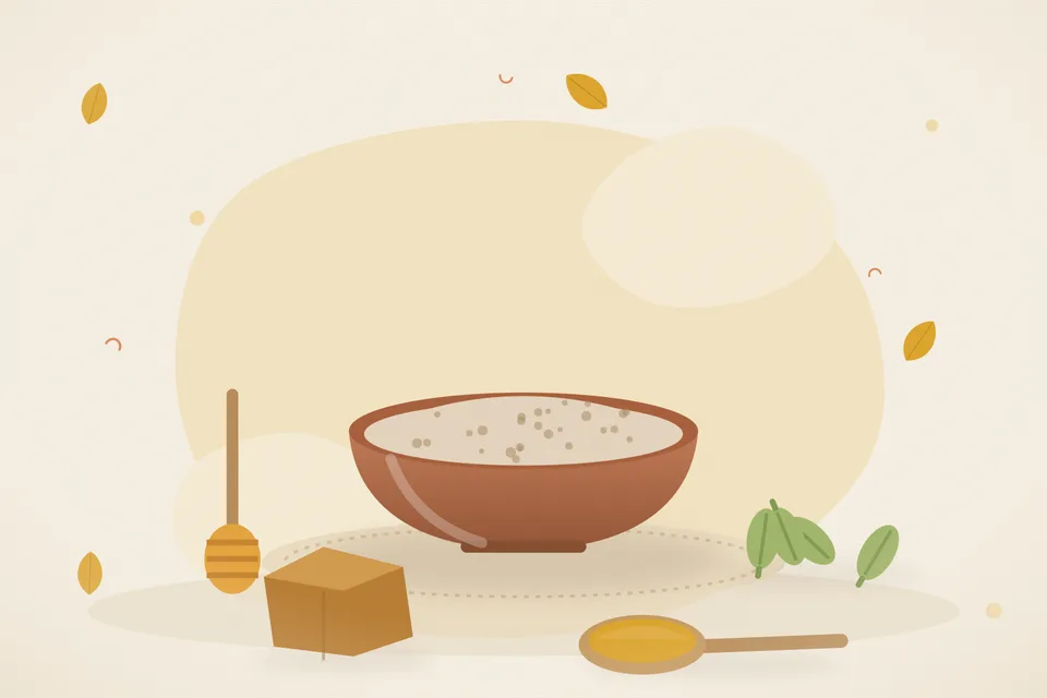 Illustrated still life with honey, cardamom, jaggery.