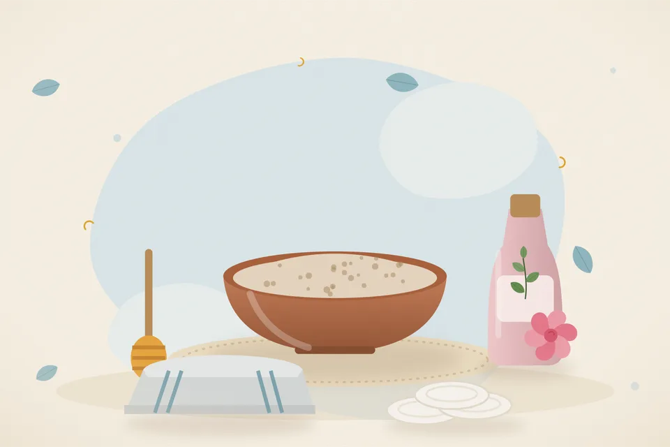Illustrated still life with honey, rose water, a folded cloth.