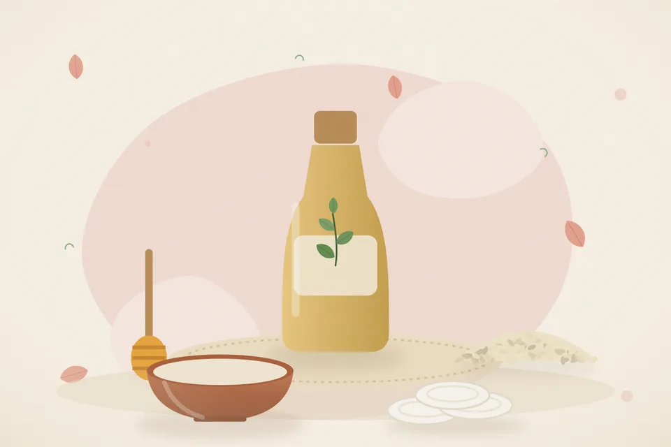 Illustrated still life with honey, sesame seeds.