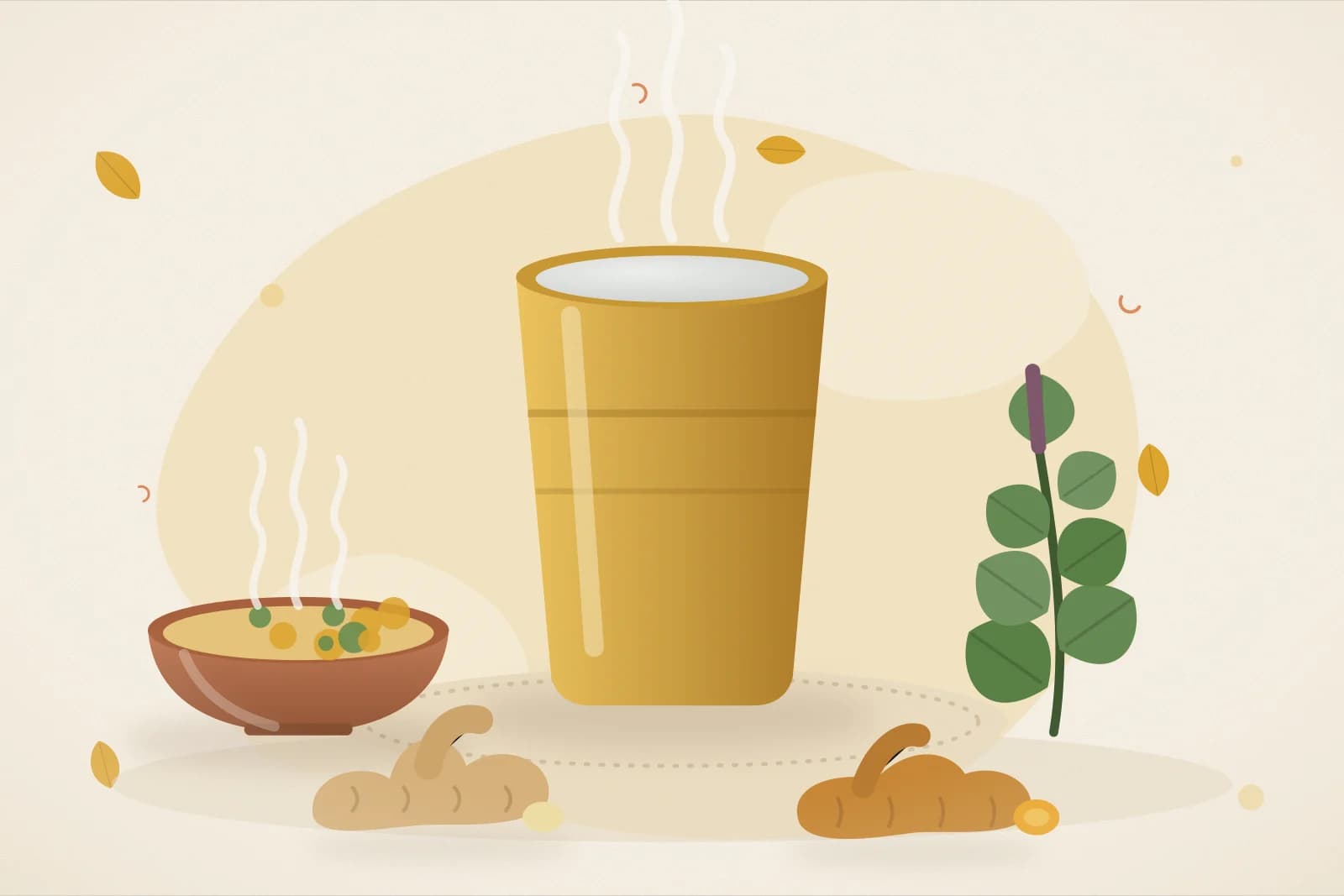 A brass tumbler of boiled water, a steaming bowl of dal, tulsi leaves, fresh ginger and turmeric root on a sunny yellow background