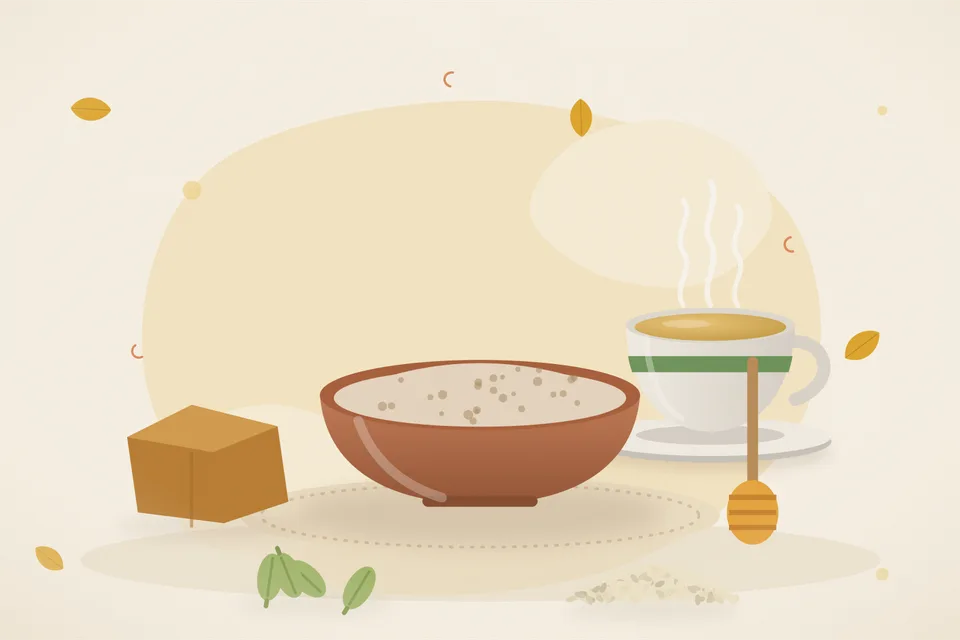 Illustrated still life with jaggery, honey, cardamom, sesame seeds.