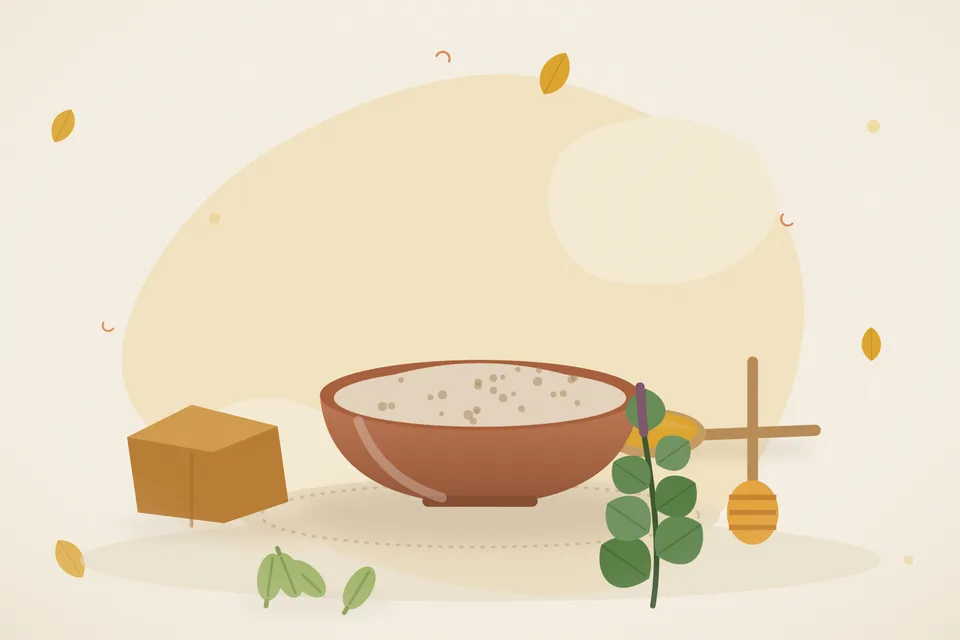Illustrated still life with jaggery, honey, cardamom, tulsi leaves.