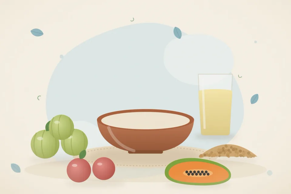 Illustrated still life with amla, chickpeas, apple, papaya.