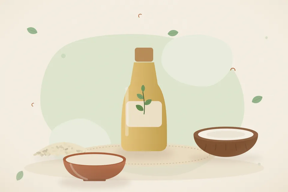 Illustrated still life with sesame seeds, coconut.