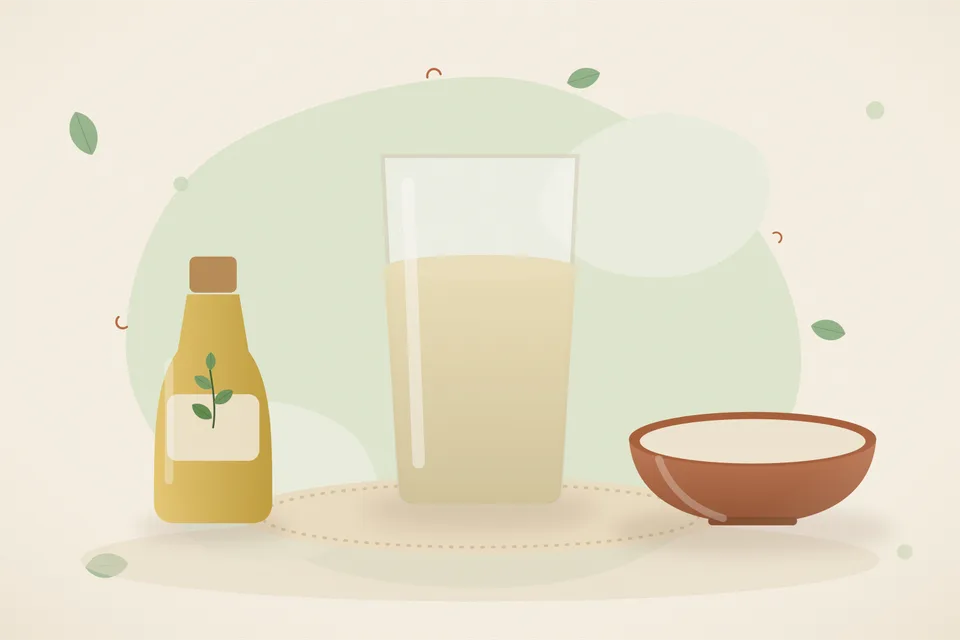 Illustrated Ayurvedic kitchen still life with a bowl, glass and traditional utensils.