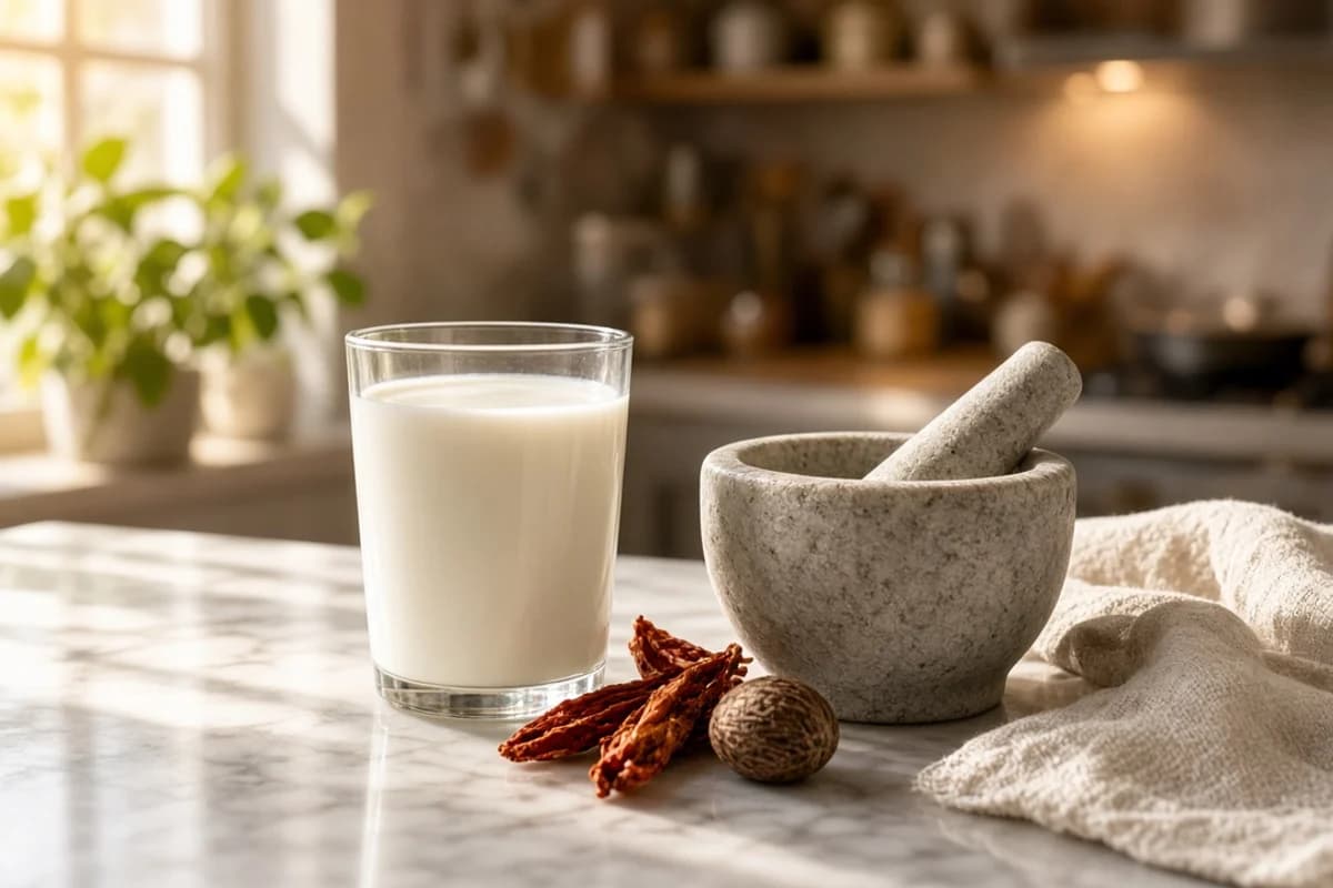 A glass of warm milk beside a stone mortar, lacy red-orange mace blades and a whole round brown nutmeg.