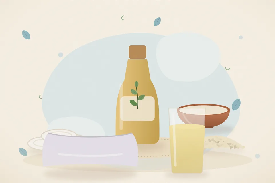 Illustrated still life with cotton pads, sesame seeds, a soft pillow.