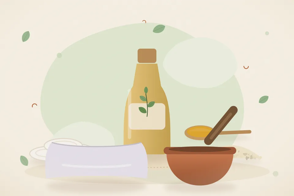 Illustrated still life with cotton pads, sesame seeds, a soft pillow.