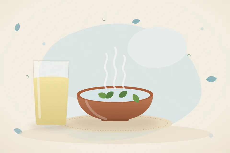 Illustrated Ayurvedic kitchen still life with a bowl, glass and traditional utensils.