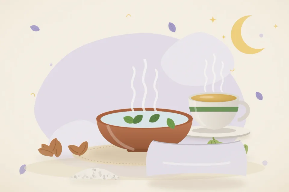 Illustrated still life with almonds, cardamom, mishri crystals.