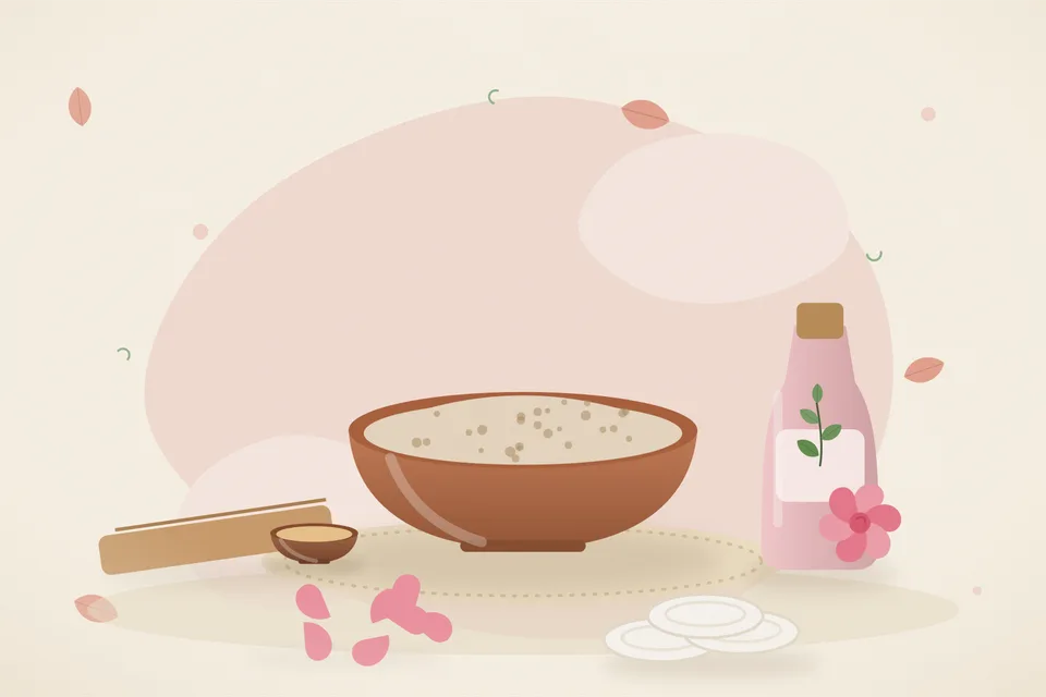 Illustrated still life with sandalwood, rose water, rose petals.