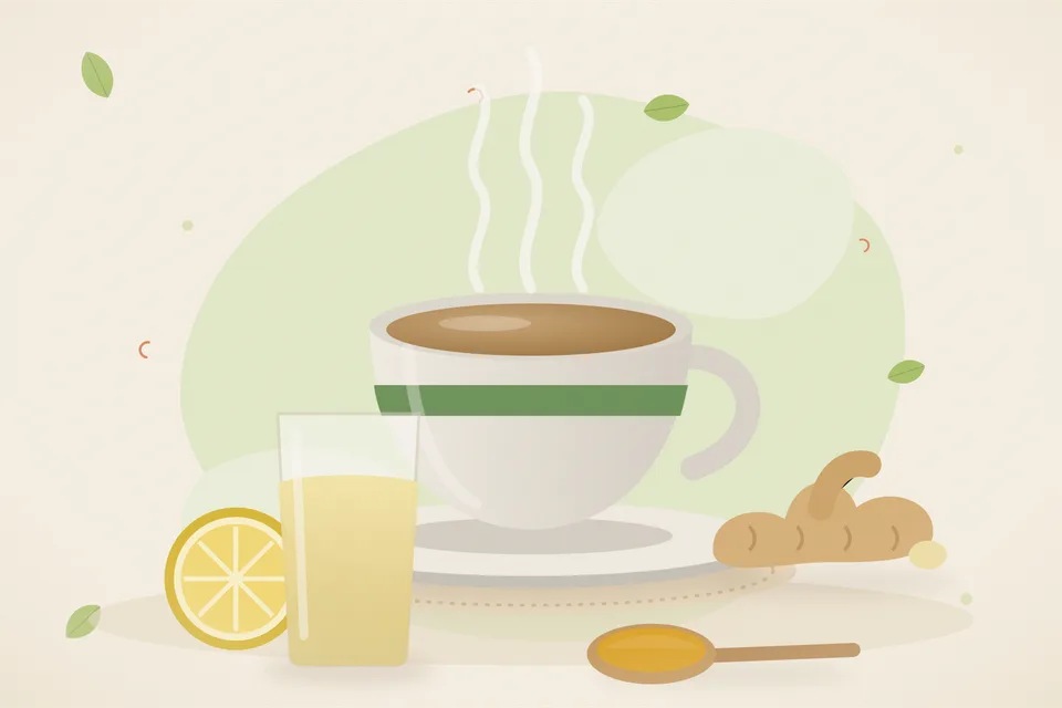 Illustrated still life with lemon, fresh ginger.