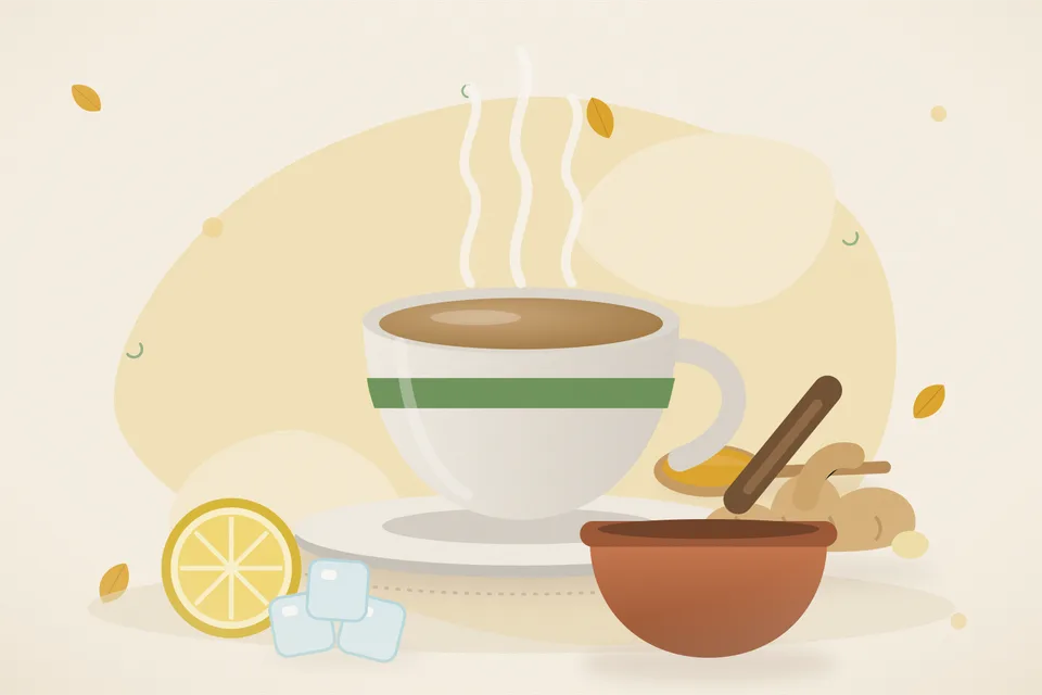 Illustrated still life with lemon, fresh ginger, ice.