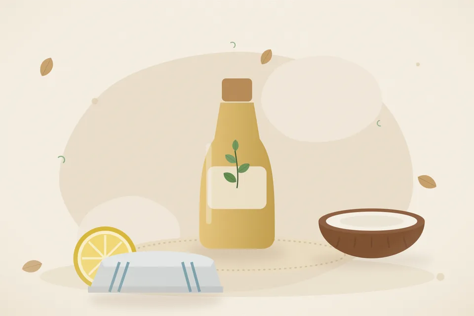 Illustrated still life with lemon, coconut.