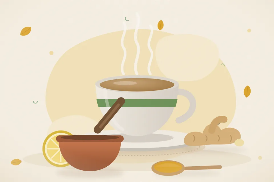 Illustrated still life with lemon, fresh ginger.