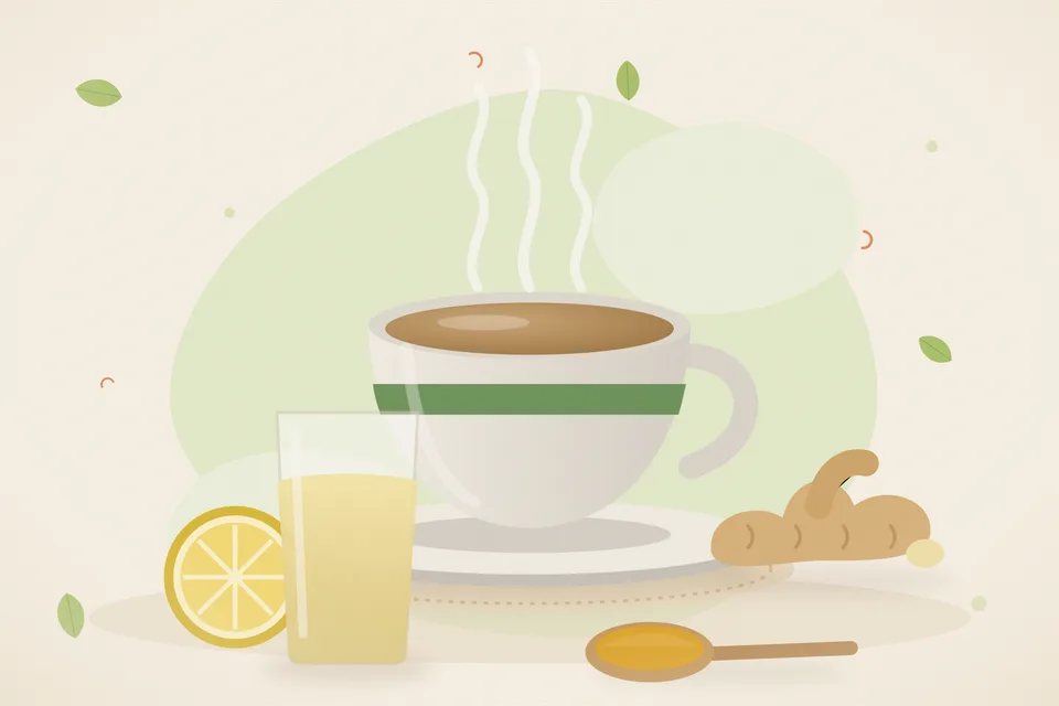 Illustrated still life with lemon, fresh ginger.