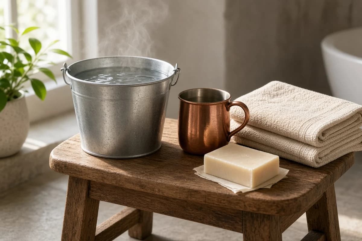 A steaming steel bucket of water and a copper mug on a wooden stool, with a bar of soap and folded towels.